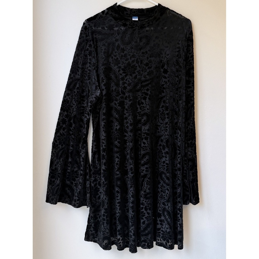 Old Navy Velvet Burnout Dress 2X Black Bell Sleeves Witchy Whimsigoth Mock Neck